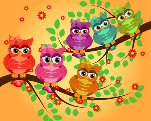 Obraz premium Four couples of owls sitting on branches. Nice elements for scrapbook, greeting cards, invitations, Valentine's cards etc.