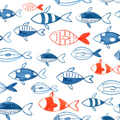 Seamless Watercolor Hand Drawn Blue and Red Sea Fishes Pattern. Painted Fish on a White Background.