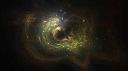 Abstract golden and green glowing shapes. Fantasy light background. Digital fractal art. 3d rendering.