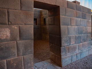Perfect shaped stone blocks fit with each other. Gateway to the temple at the Qorikancha (Coricancha), City of Cusco, Peru.