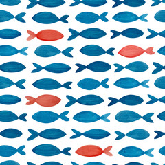 Seamless Watercolor Fishes Pattern. Small Blue Isolated Fishes on the White Background.
