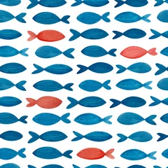 Fotobehang Oceaandieren Naadloze aquarel vissen patroon. Kleine blauwe geïsoleerde vissen op de witte achtergrond.
