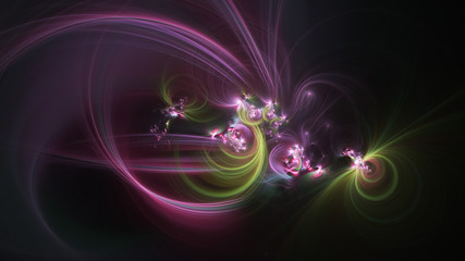 Abstract violet and green glowing shapes. Fantasy light background. Digital fractal art. 3d rendering.