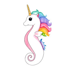 Watercolor Rainbow Unicorn Poster. Isolated Seahorse Character on the White Background. Hand Drawn Print for Kids.