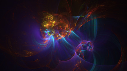 Abstract transparent blue and orange crystal shapes. Fantasy light background. Digital fractal art. 3d rendering.