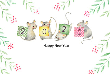 年賀状　2020　子年　happy new year　横