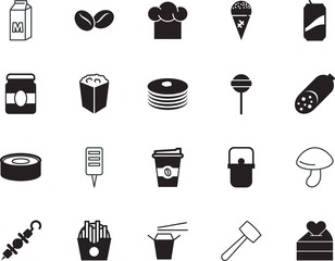food vector icon set such as: aroma, beer, chocolate, line, juice, feeling, camping, tool, handle, cappuccino, clothing, bag, cream, mocha, relationship, cinema, mushroom, roasted, tenderizer