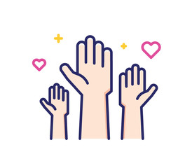 Volunteers and charity work. Raised helping hands. Vector filled outline icon illustrations with a crowd of people ready and available to help and contribute. Positive foundation, business, service.