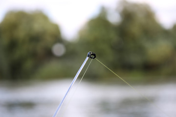 Fishing rod spinning ring with the line close-up. Green forest and blue sky in the background. Soft