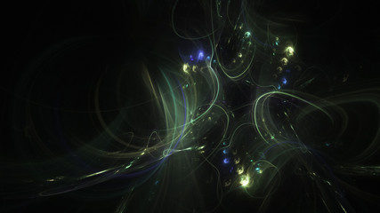 Abstract blue and green glowing shapes. Fantasy light background. Digital fractal art. 3d rendering.