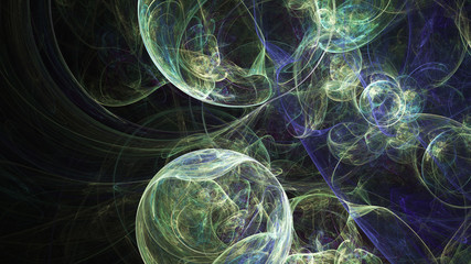 Abstract transparent blue and green crystal shapes. Fantasy light background. Digital fractal art. 3d rendering.