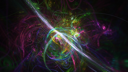 Abstract transparent purple and green crystal shapes. Fantasy light background. Digital fractal art. 3d rendering.