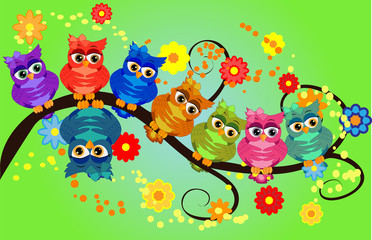 Fototapeta na wymiar Funny owls on branch in flowers. Spring concept background. Bright illustration, can be used as invitation card. summer wallpaper