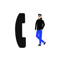 The person and the handset. Flat cartoon character isolated on white background.