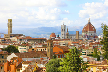 Panoramic view of the city of Florence with Palazzo Vecchio palace and Cathedral of Santa Maria del Fiore (Duomo), Florence, Tuscany, Italy.