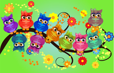 Funny owls on branch in flowers. Spring concept background. Bright illustration, can be used as invitation card. summer wallpaper