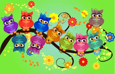 Fotobehang Funny owls on branch in flowers. Spring concept background. Bright illustration, can be used as invitation card. summer wallpaper © MichiruKayo