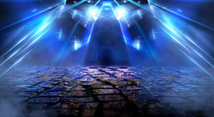 Wet asphalt, reflection of neon lights, a searchlight, smoke. Abstract light in a dark empty street with smoke, smog. Dark background scene of empty street, night view, night city.