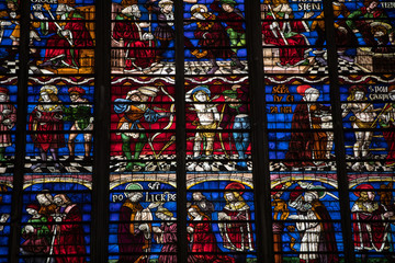  Colorful stained glass windows in Troyes Cathedral  dedicated to Saint Peter and Saint Paul. France.