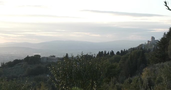 Panorama of the Rocca Maggiore castle in Assisi. The path that leads to the Eremo delle Carceri offers panoramic views.