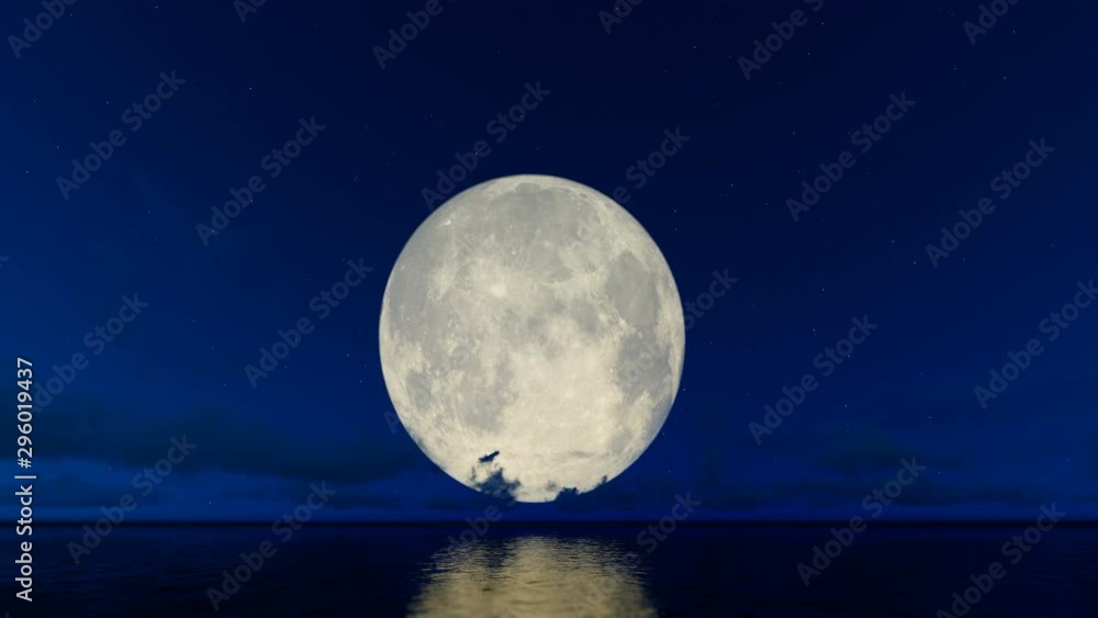 Wall mural full moon and timelapse clouds against starry sky reflecting on water surface, 4k