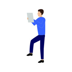 Man sitting with a tablet Flat cartoon character isolated on white background