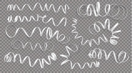 Set of realistic white ribbons on transparency background. Vector illustration. Can be used for greeting card, holidays, banners, gifts and etc.