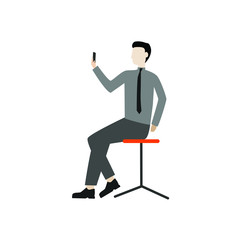 Man sitting with the phone. Flat cartoon character isolated on white background