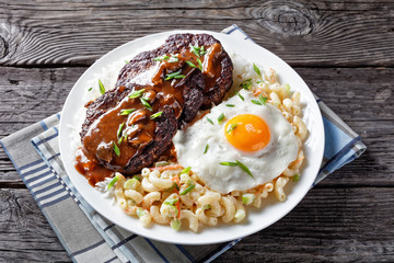 loco moco on a white plate, close-up