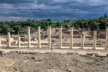 Fototapeta na wymiar Ancient Roman Columns in the Beit She'an Park, Israel