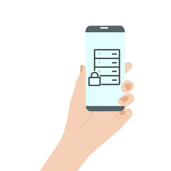 Phone in hand, data protection sign. Smartphone in hand. Illustration Server Internet hosting icon