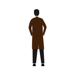 A man stands in a cloak. The view from the back. Flat cartoon character isolated on white background