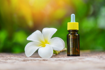 Fototapeta na wymiar Aromatherapy herbal oil bottles aroma with white flower Frangipani Plumeriaon on nature green - Essential oils natural for face and body beauty remedies on wooden table and organic minimalist
