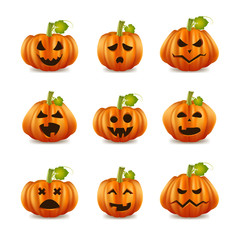 Realistic 3d Detailed Characters Halloween Pumpkin Set. Vector