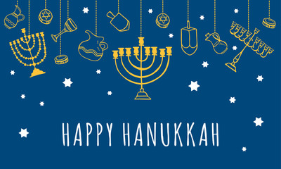 Traditional Hanukkah objects hanging on the top of the page. Greeting card design template. Hand drawn outline sketch illustration - obrazy, fototapety, plakaty