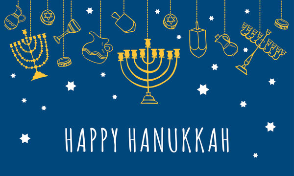 Traditional Hanukkah objects hanging on the top of the page. Greeting card design template. Hand drawn outline sketch illustration