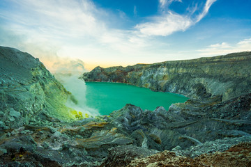 Fototapeta na wymiar The Ijen volcano complex is a group of composite volcanoes located on the border between Banyuwangi Regency and Bondowoso Regency of East Java, Indonesia. 