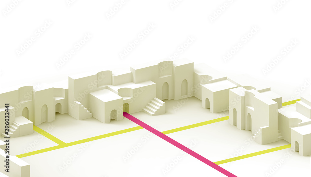 Poster building business concept groups and folding paper minimal architecture modern on yellow and purple 