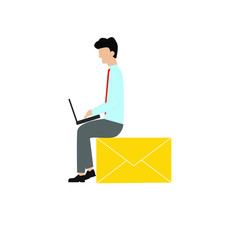 A man with a laptop sits on a letter. 