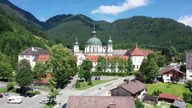 Main facade of Ettal Abbey, Kloster Ettal near Oberammergau, a Benedictine monastery in the village of Ettal, Bavaria, Germany.