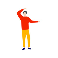 Man points to the right. 