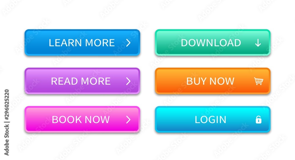 Poster Multicolored rectangular shape web button. Vector concept element for website. Trendy of buttons set for use in web, interface, apps and games.