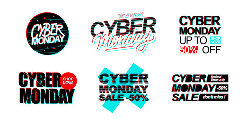 Obraz premium Cyber Monday Sale promotional set with hand lettering for online business, internet commerce, discount shopping and advertising. Vector illustration.