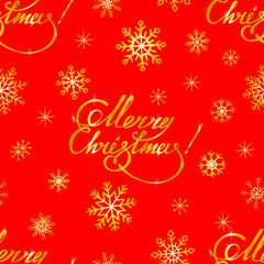 Vector seamless pattern with golden snowflakes and lettering "Merry Christmas!" on red. Bright ornament for winter holidays. Christmas 