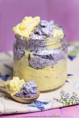 blueberry orange smoothie with cottage cheese in a glass jar