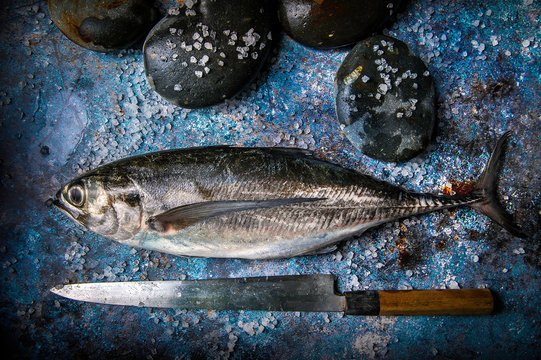 Raw fish and knife . Chef preparing raw fish and knife on dark blue background  with stone