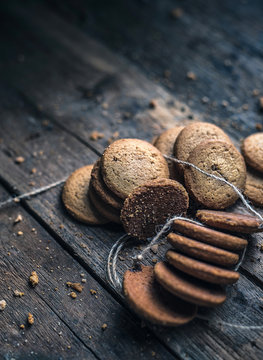 Tasty chocolate chip cookies on wooden table. with copy Space