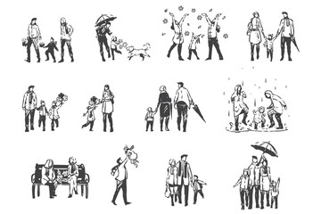 Autumn activities, people in demi-season clothes concept sketch. Hand drawn isolated vector