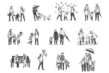 Autumn activities, people in demi-season clothes concept sketch. Hand drawn isolated vector © drawlab19