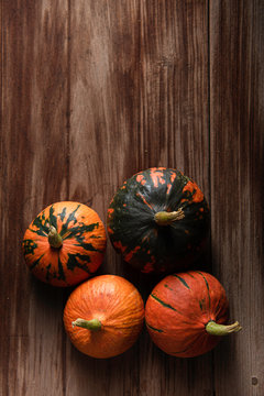 Pumpkins on dark wooden  background. Orange pumpkins on dark wooden background